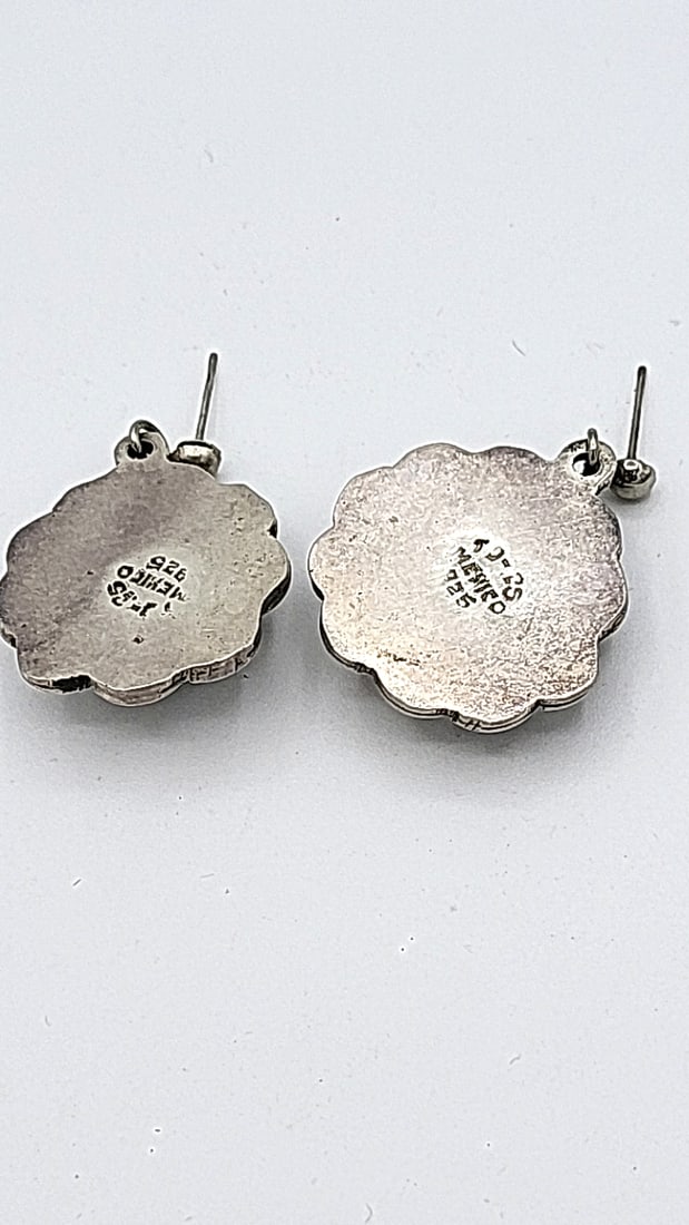 Sterling Silver Earrings With Malachite Stone Mexico Tj 14.86g - 5