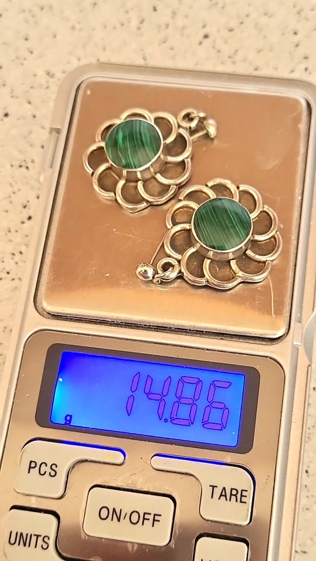 Sterling Silver Earrings With Malachite Stone Mexico Tj 14.86g - 8