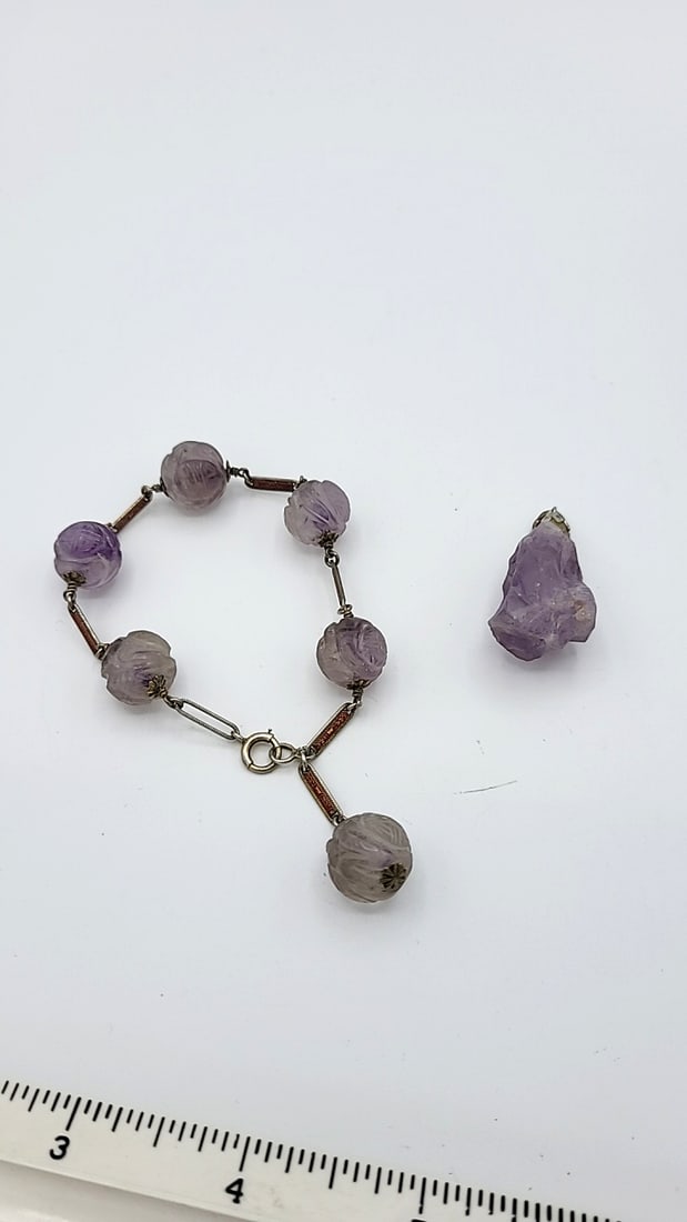 Antique Carved Amethyst And Sterling Bracelet 7.25" And Pendant - 2