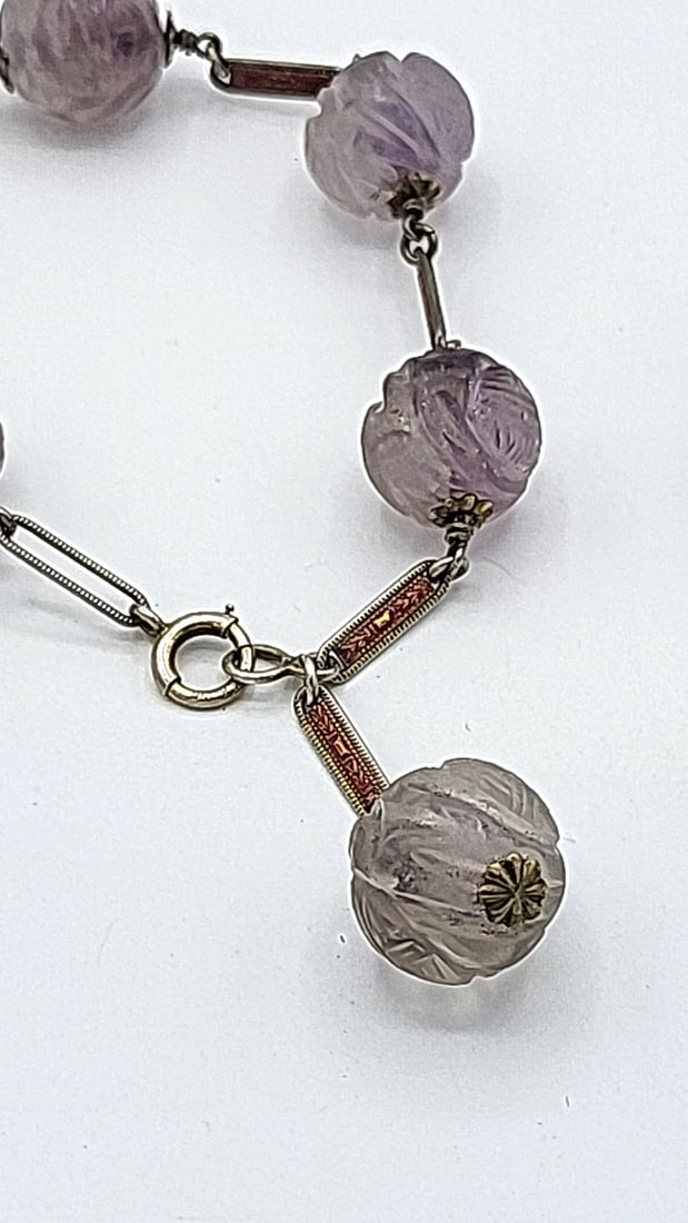 Antique Carved Amethyst And Sterling Bracelet 7.25" And Pendant - 3