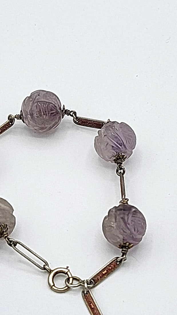 Antique Carved Amethyst And Sterling Bracelet 7.25" And Pendant - 4