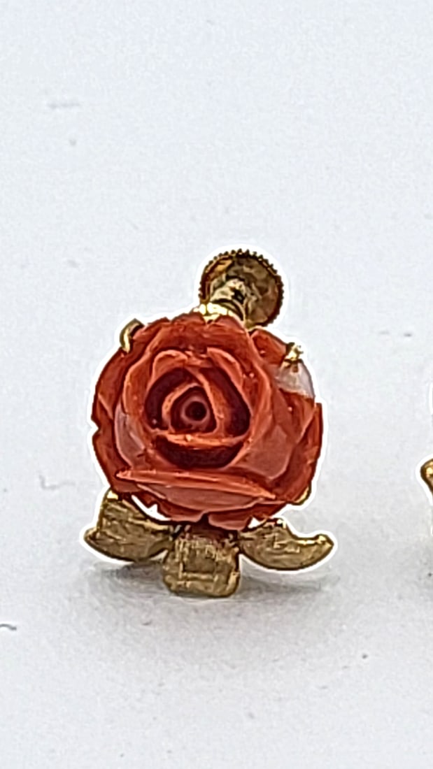 Hong Kong 14k Gold Carved Coral Flower Screwback Earrings 6.34g - 2