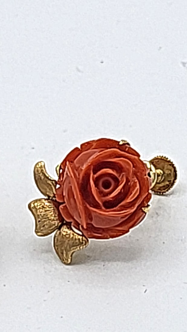 Hong Kong 14k Gold Carved Coral Flower Screwback Earrings 6.34g - 3