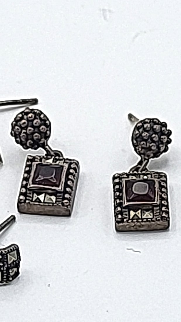 Sterling Silver Marcasite Earrings No Backs 3 Pairs - 2