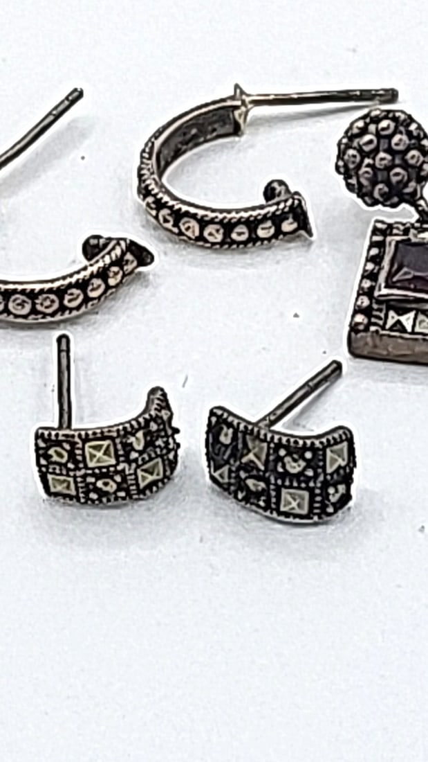 Sterling Silver Marcasite Earrings No Backs 3 Pairs - 3