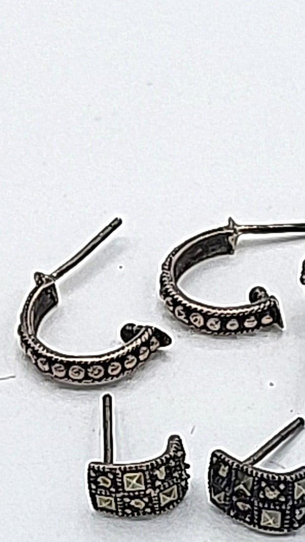 Sterling Silver Marcasite Earrings No Backs 3 Pairs - 4