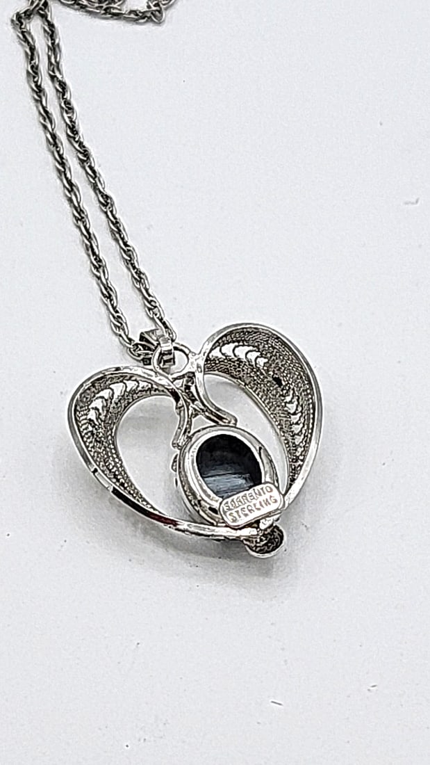 Sterling Silver Sorrento Filiigree Heart Pendant Dark Stone 4.58g - 3