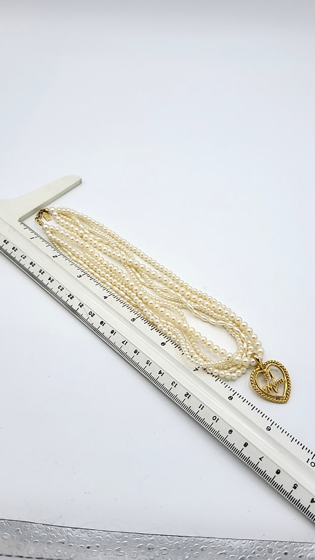 Vintage Marvella Gold Tone Heart "#1 Mom" Pendant On Multi-strand Faux Pearl Necklace - 7