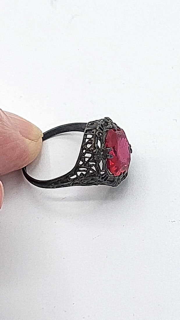 Sterling Silver Filigree Ring With Large Red Gemstone Size.7 - 2