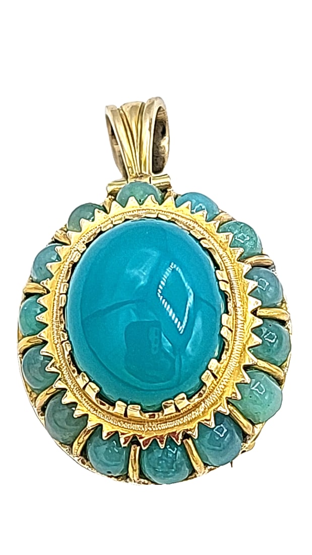 Vintage Tested 14k Unmarked Gold Pendant Brooch With Persian Turquoise 17.10g: 2x2x2 1 lb Height: 2 Width: 2 Low Estimate: 600.00 High Estimate: 500.00