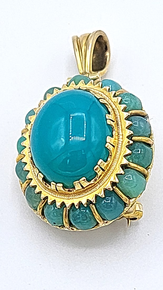 Vintage Tested 14k Unmarked Gold Pendant Brooch With Persian Turquoise 17.10g - 2