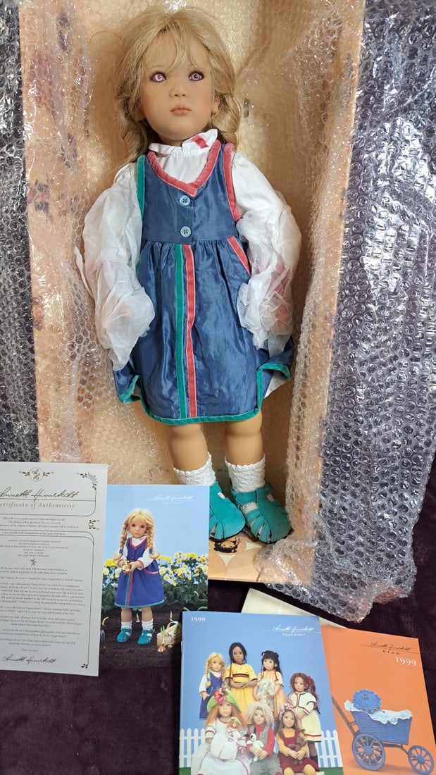 Annette Himstedt Ullwa 1999 Puppen Kinder Doll Box And Coa: Please read descriptions and examine pictures carefully. Take into account shipping when bidding. 15x33x8 10lbs Height: 33 Width: 8 Low Estimate: 150.00 High Estimate: 500.00