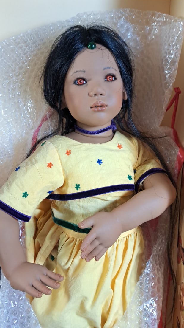 Annette Himstedt Anila Ltd Edition Doll With Coa & Box: Please read descriptions and examine pictures carefully. Take into account shipping when bidding. 36x20x10 15lbs Height: 20 Width: 10 Low Estimate: 50.00 High Estimate: 900.00
