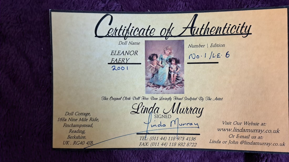 Linda Murray Eleanor Faery No. 1 Shellcloth Artist Made Doll With Coa & Box - 6