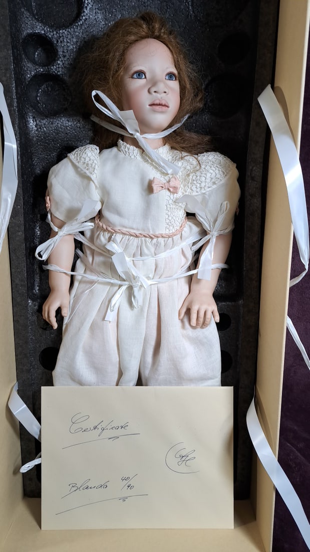 Annette Himstedt Blanda Ltd Edition Porcelain Doll With Box And Coa: Please read descriptions and examine pictures carefully. Take into account shipping when bidding. 15x34x10 15lbs Height: 34 Width: 10 Low Estimate: 150.00 High Estimate: 450.00