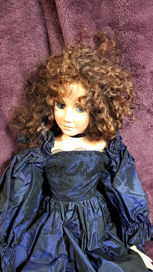 Karen Anderson Blanford Alisha Porcelain Doll 4/10 With Midnight Blue Headpiece: Please read descriptions and examine pictures carefully. Take into account shipping when bidding. 60x24x24 15lbs Height: 24 Width: 24 Low Estimate: 50.00 High Estimate: 1000.00