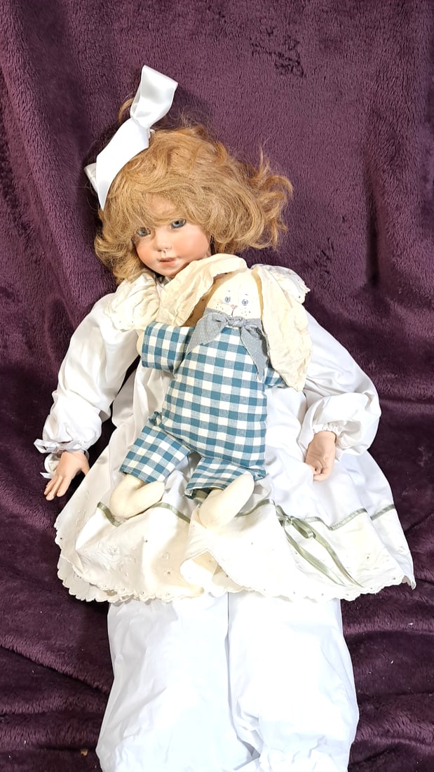 Gaby Rademann Einzelstleck Porcelain Doll With Stuffed Rabbit - 5