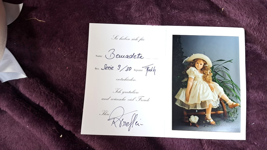 Atlier Ruth Treffeisen Bernadette Artist Made Porcelain Doll With Signed Card And Hat - 15