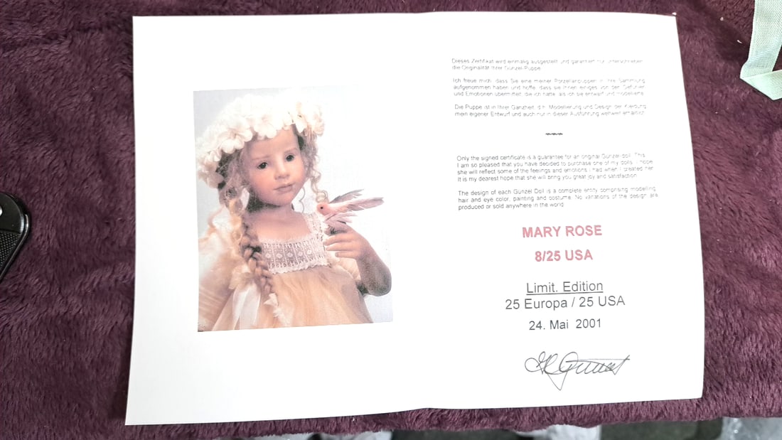 Hildegard Gunzel Mary Rose Wax On Porcelain Doll With Coa, Box, Flower Tiera And Bird - 7