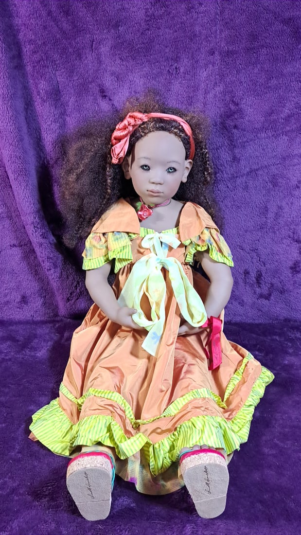 Annette Himstedt Amber Doll With Box: Please read descriptions and examine pictures carefully. Take into account shipping when bidding. 40x20x15 10lbs Height: 20 Width: 15 Low Estimate: 50.00 High Estimate: 350.00