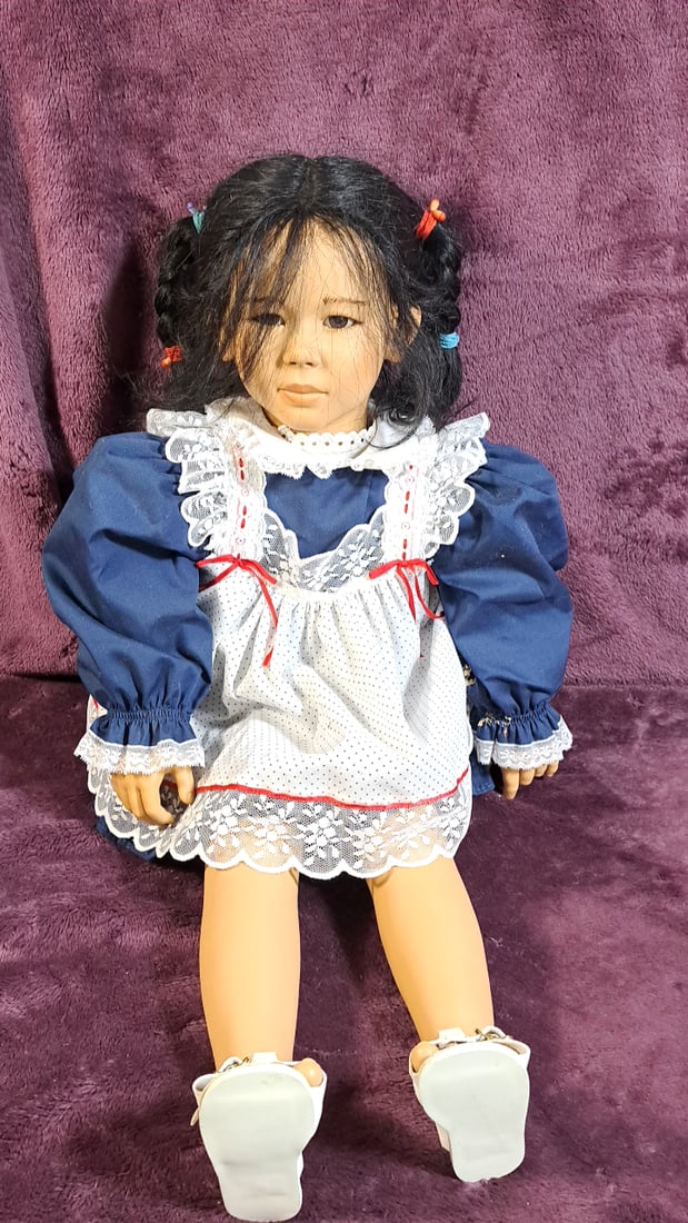 Annette Himstedt Michiko Doll With Box: Please read descriptions and examine pictures carefully. Take into account shipping when bidding. 36x20x15 15lbs Height: 20 Width: 15 Low Estimate: 50.00 High Estimate: 700.00