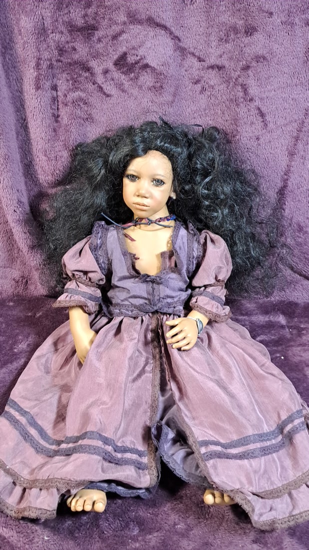 Annette Himstedt Aura Doll With Box: Please read descriptions and examine pictures carefully. Take into account shipping when bidding. No fan or hair flower accessory 36x20x15 15lbs Height: 20 Width: 15 Low Estimate: 50.00 High