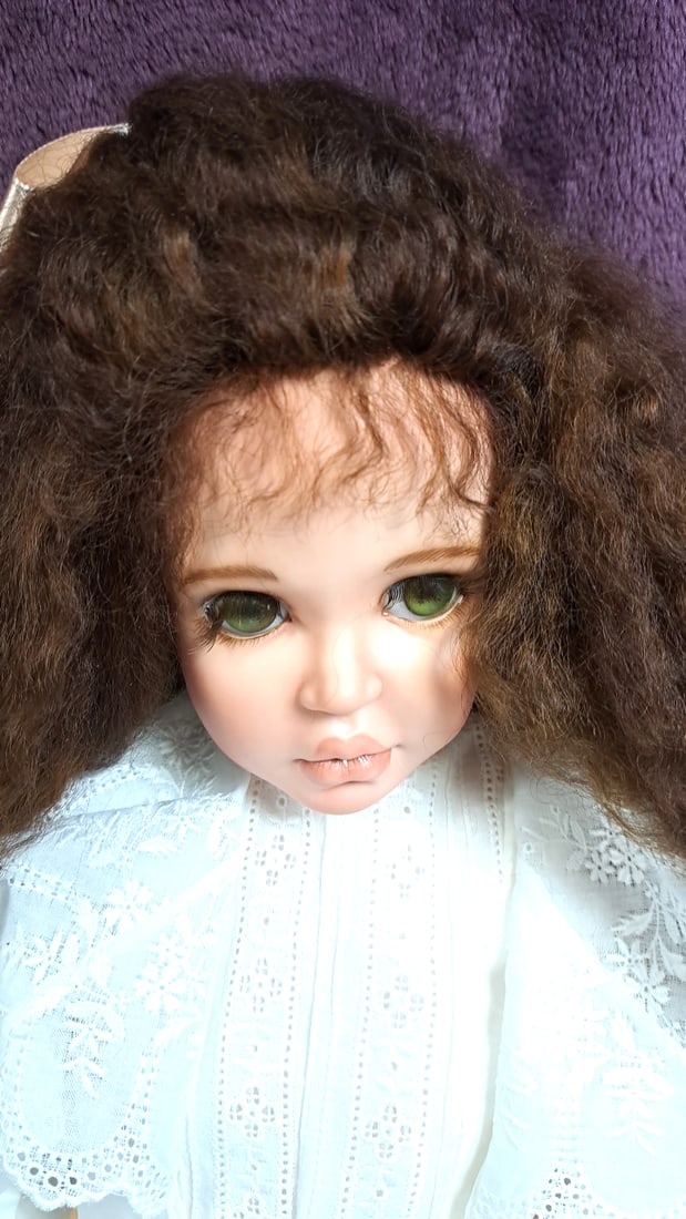 Karen Aldereon Violet Porcelain Doll With White Lace Dress And Brown Hair - 2