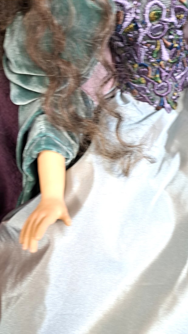 Wax Over Porcelain Art Doll With Teal Velvet Sleeves, Silver Gown Floral Headpiece - 3