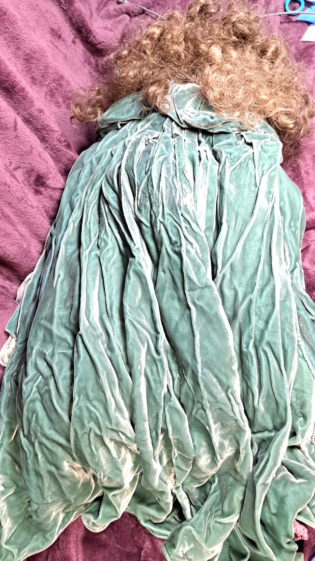 Wax Over Porcelain Art Doll With Teal Velvet Sleeves, Silver Gown Floral Headpiece - 6
