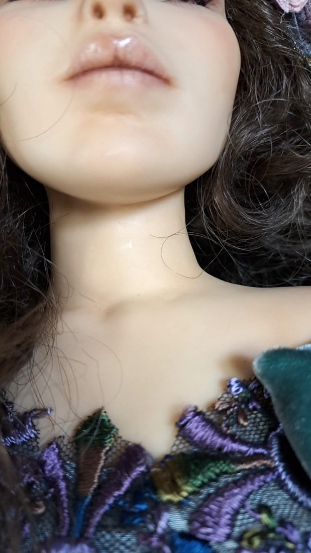 Wax Over Porcelain Art Doll With Teal Velvet Sleeves, Silver Gown Floral Headpiece - 8