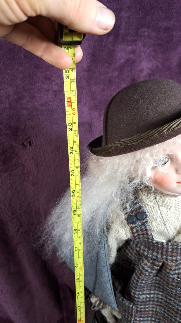 M.T. Babies 1991 Porcelain Angel Doll White Hair Tweed Pinafore Hat Suitcase - 6