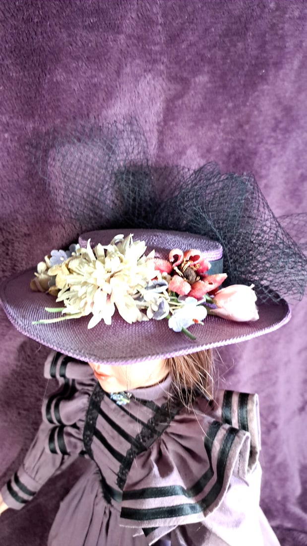 Jan Mcclean Porcelain Victorian Lady Doll In Purple Dress With Floral Hat And Bicycle Display Base - 3