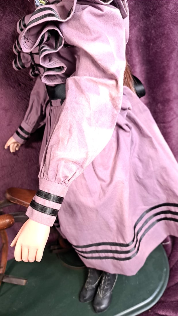 Jan Mcclean Porcelain Victorian Lady Doll In Purple Dress With Floral Hat And Bicycle Display Base - 4