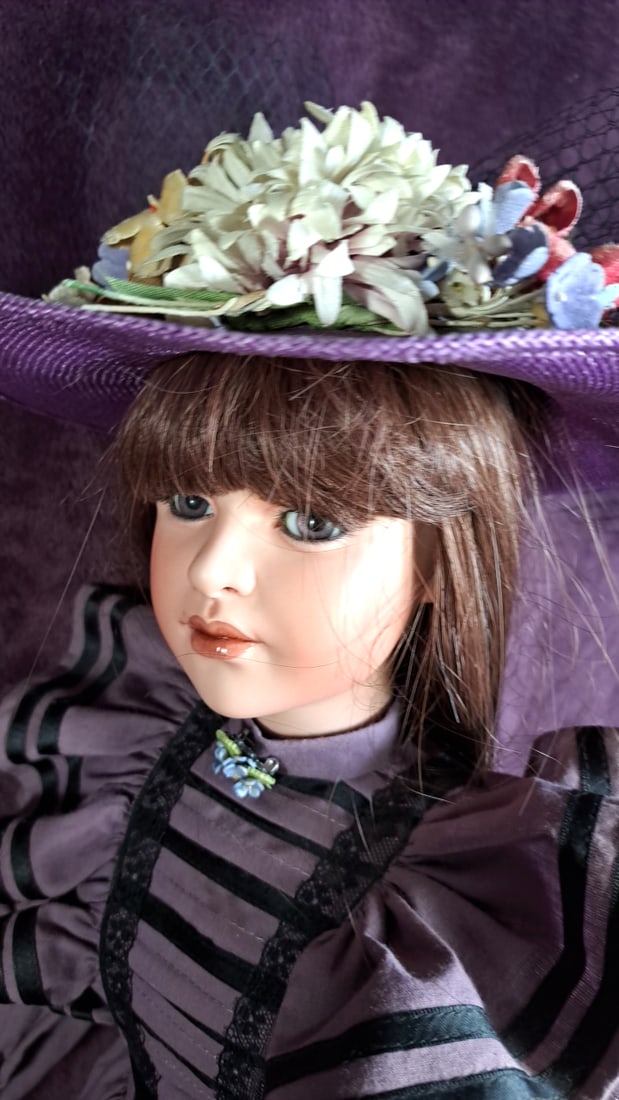 Jan Mcclean Porcelain Victorian Lady Doll In Purple Dress With Floral Hat And Bicycle Display Base - 8
