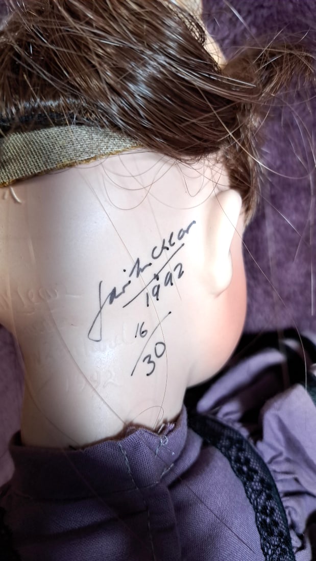 Jan Mcclean Porcelain Victorian Lady Doll In Purple Dress With Floral Hat And Bicycle Display Base - 9