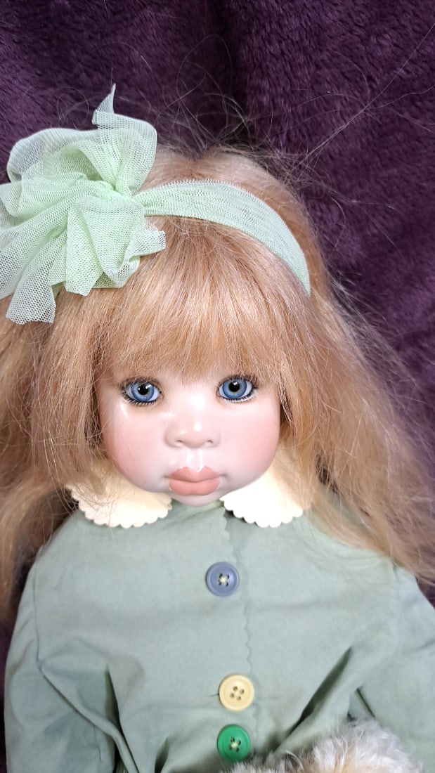 Susan Krey Wax Over Porcelain Blonde Blue-eyed Girl Doll In Mint Green Outfit With Teddy Bear And... - 2