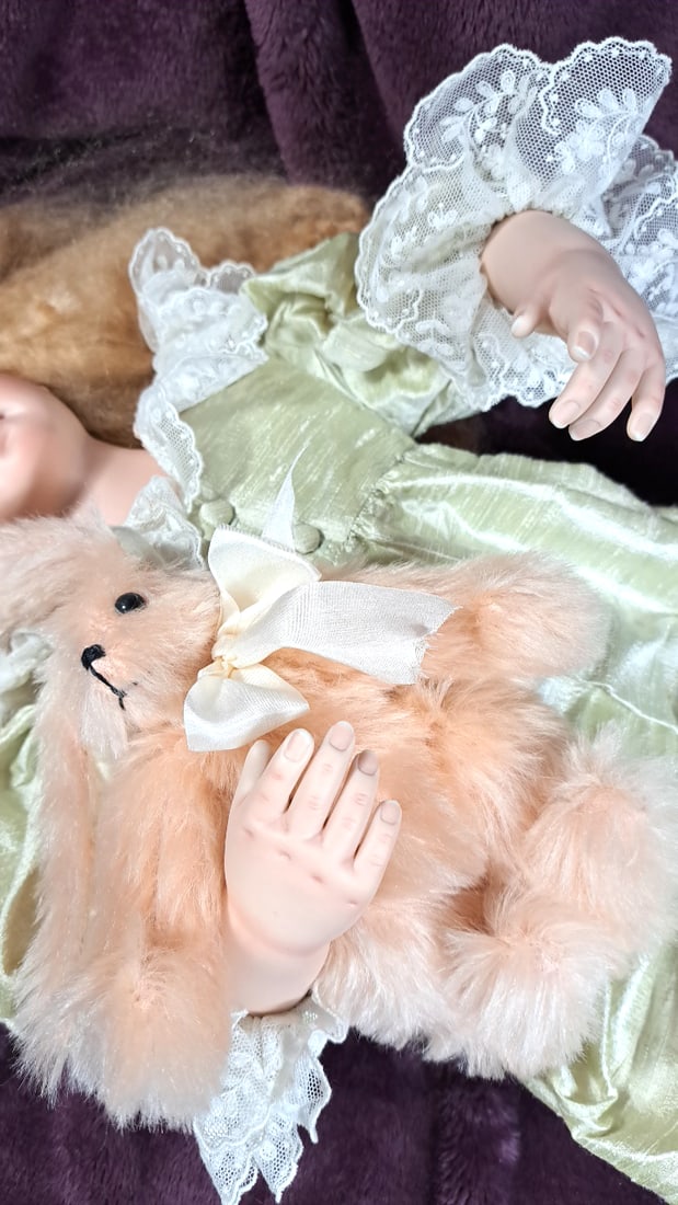 Middleton Brittany Porcelain Doll Blonde Hair Green Satin Lace Outfit With Pink Plush Bunny - 3
