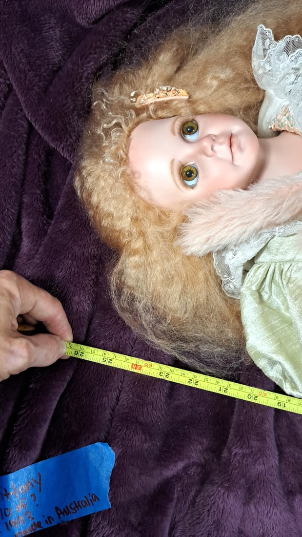 Middleton Brittany Porcelain Doll Blonde Hair Green Satin Lace Outfit With Pink Plush Bunny - 5