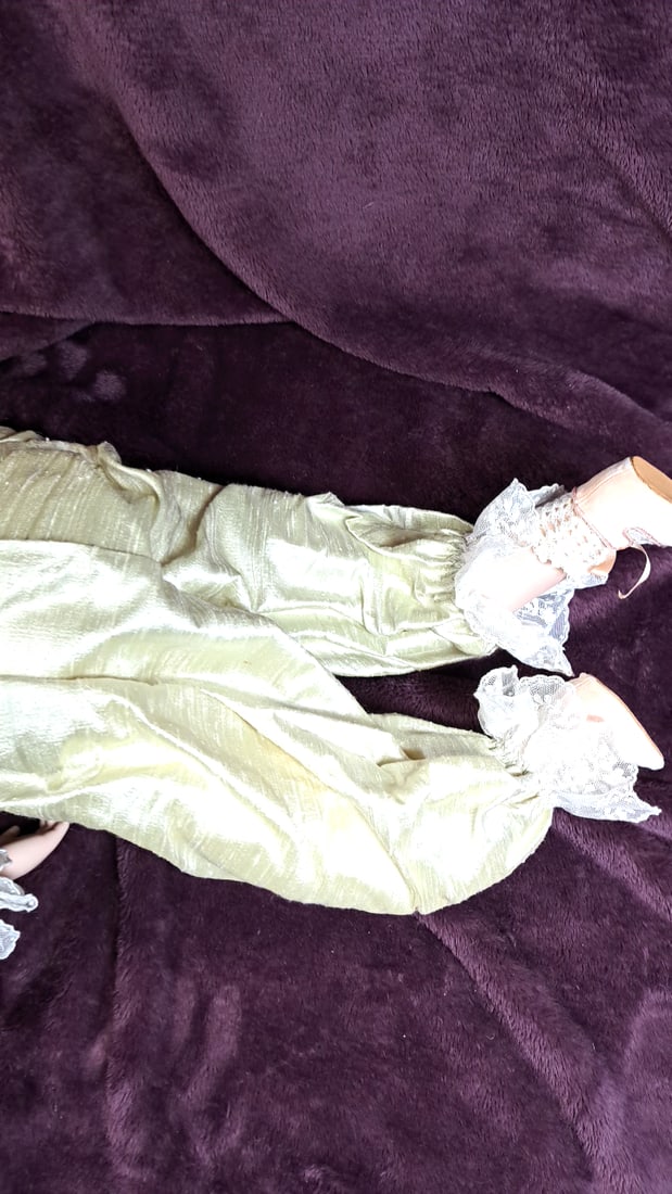 Middleton Brittany Porcelain Doll Blonde Hair Green Satin Lace Outfit With Pink Plush Bunny - 6