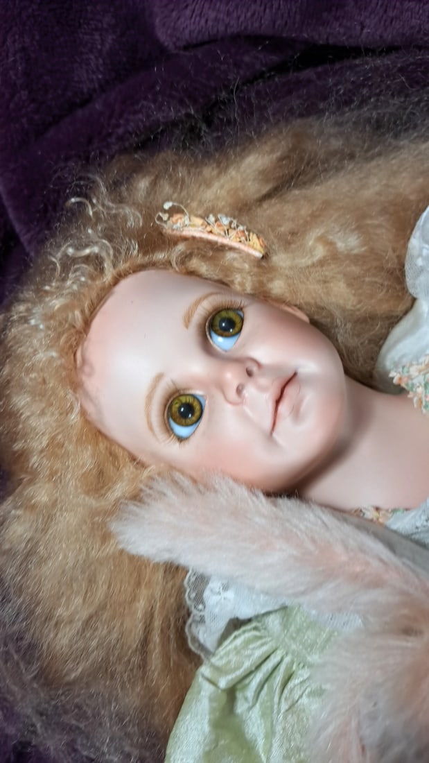 Middleton Brittany Porcelain Doll Blonde Hair Green Satin Lace Outfit With Pink Plush Bunny - 8