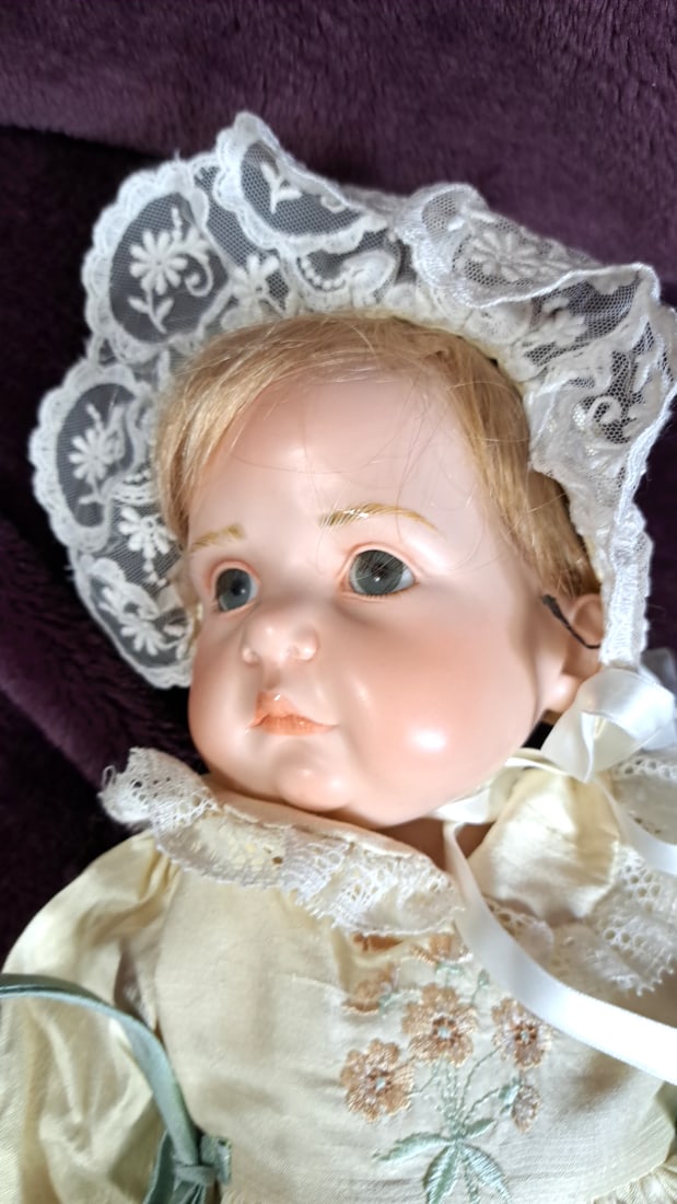 Wax Over Porcelain Baby Pearl Europa Porcelain Baby Doll 825 Usa Lace Bonnet Dress - 3