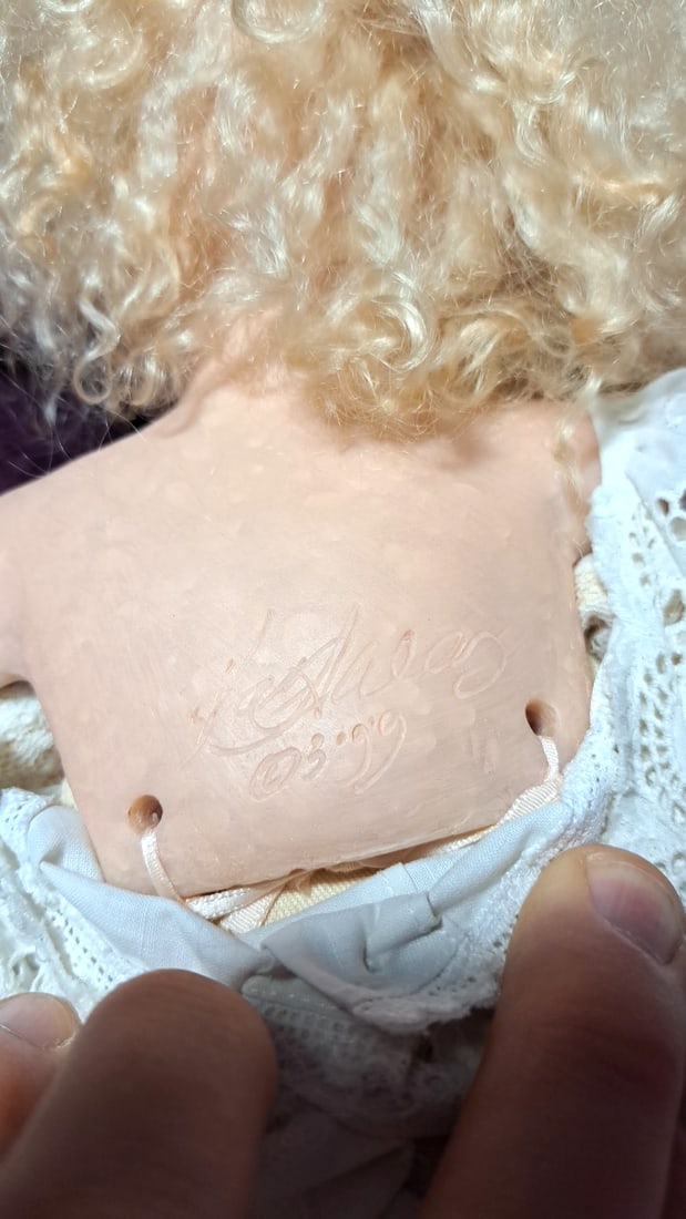 Signed Wax Over Porcelain Doll Blonde Curly Hair Blue Eyes White Lace Dress - 2