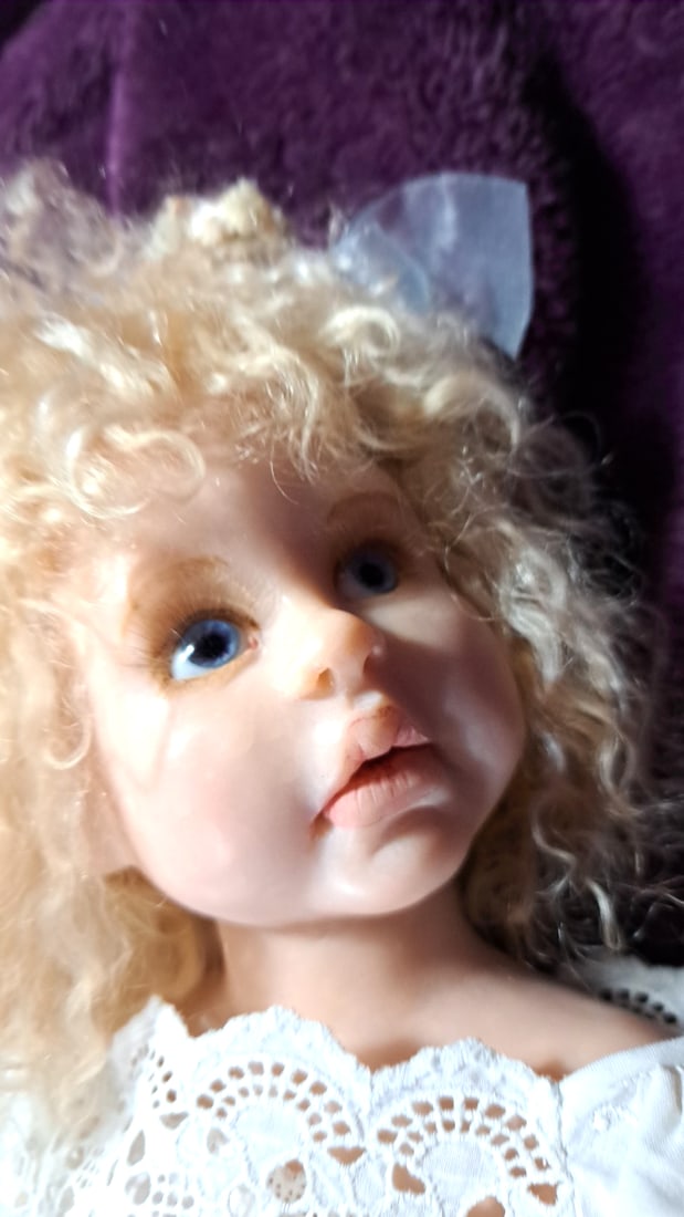 Signed Wax Over Porcelain Doll Blonde Curly Hair Blue Eyes White Lace Dress - 3