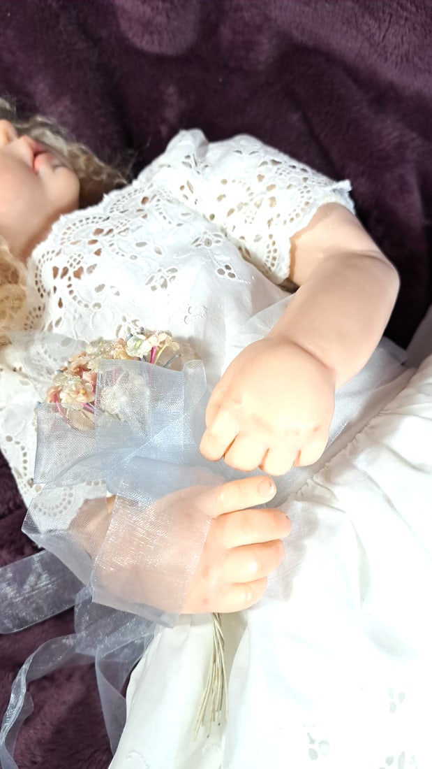 Signed Wax Over Porcelain Doll Blonde Curly Hair Blue Eyes White Lace Dress - 4
