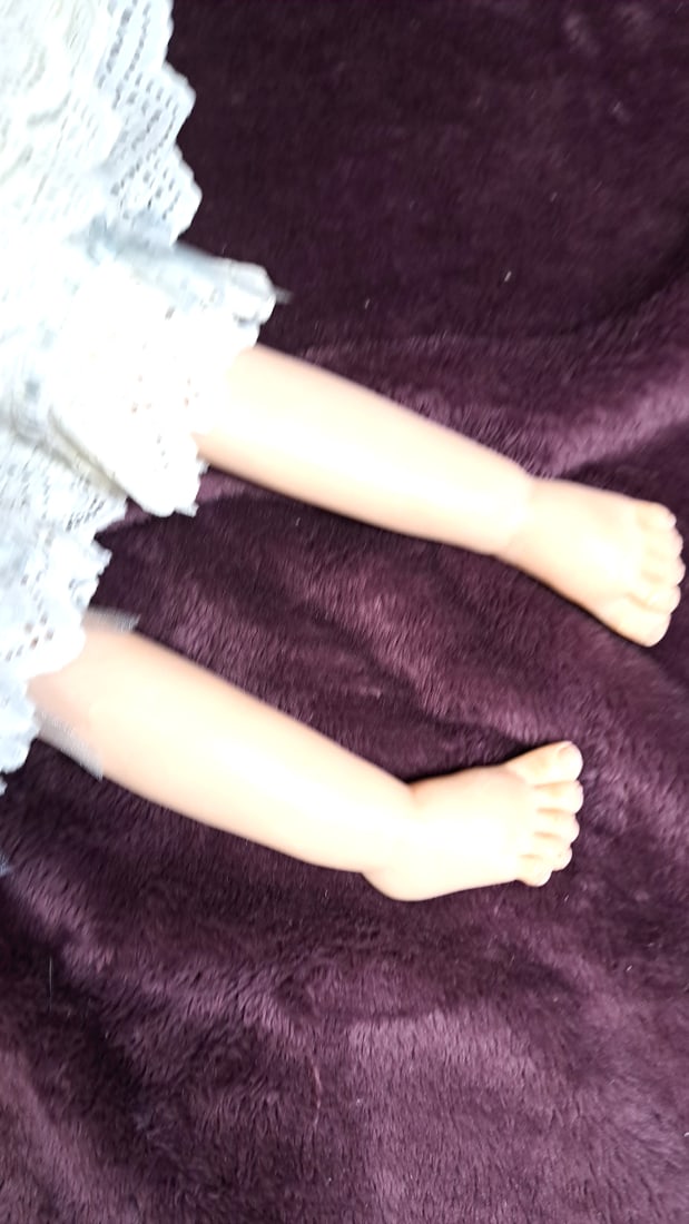 Signed Wax Over Porcelain Doll Blonde Curly Hair Blue Eyes White Lace Dress - 5