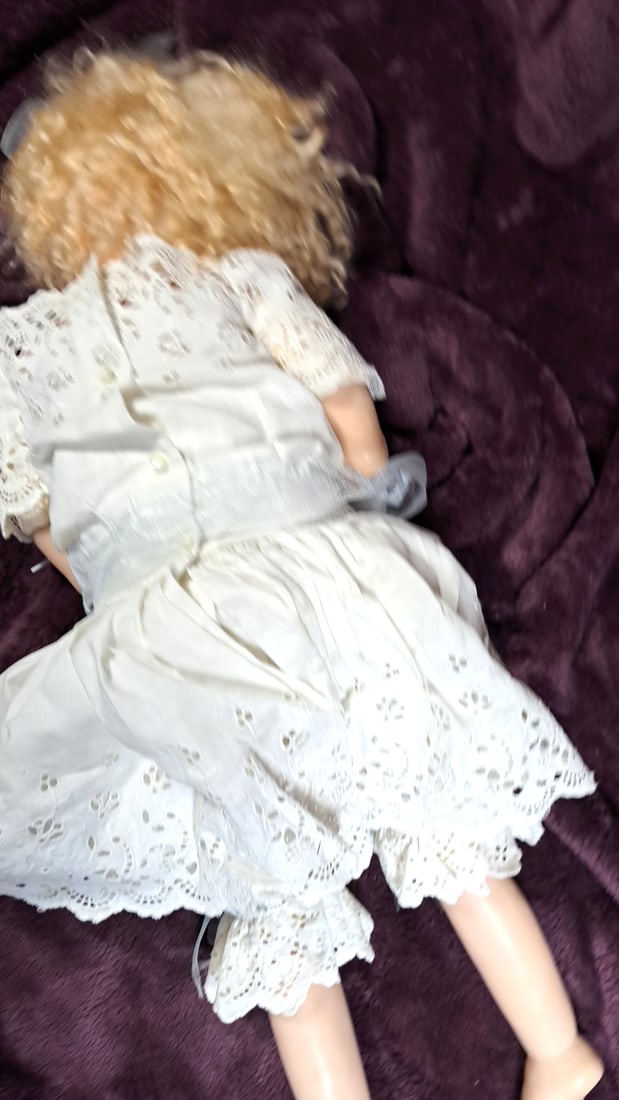 Signed Wax Over Porcelain Doll Blonde Curly Hair Blue Eyes White Lace Dress - 6