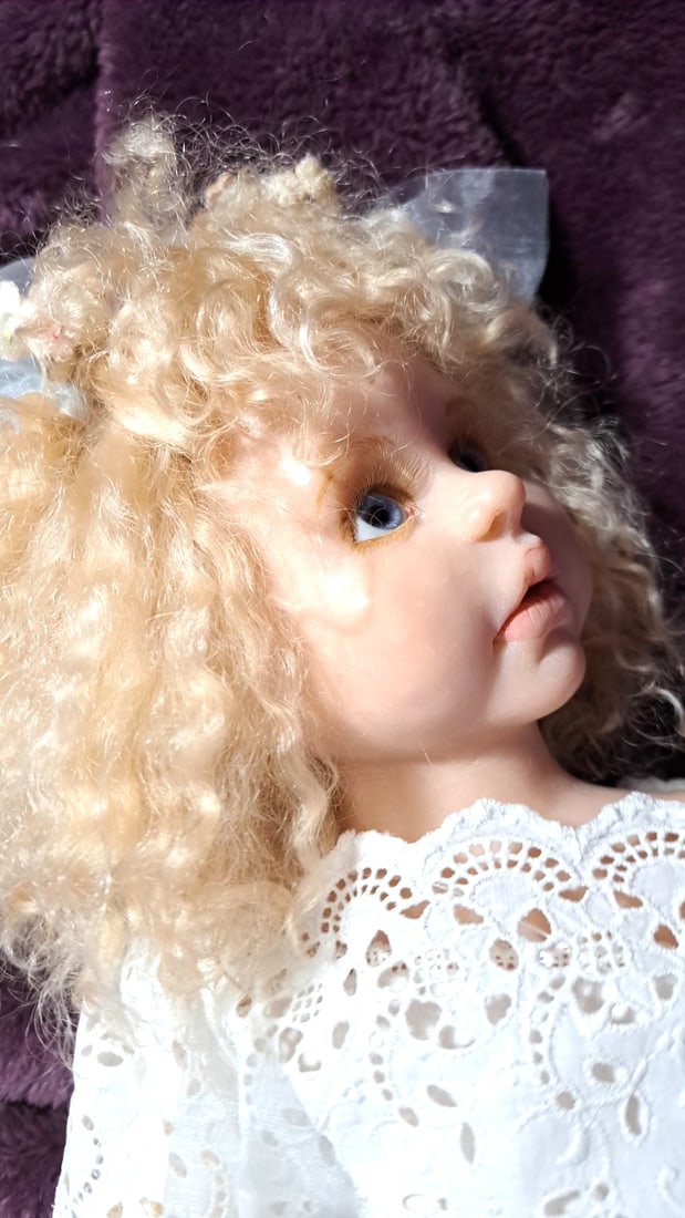 Signed Wax Over Porcelain Doll Blonde Curly Hair Blue Eyes White Lace Dress - 7