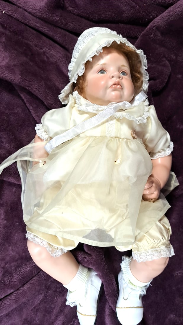 Wax Over Porcelain Baby Doll With Cream Lace Dress, Bonnet, Blue Eyes And Brown Hair (1 of 7)