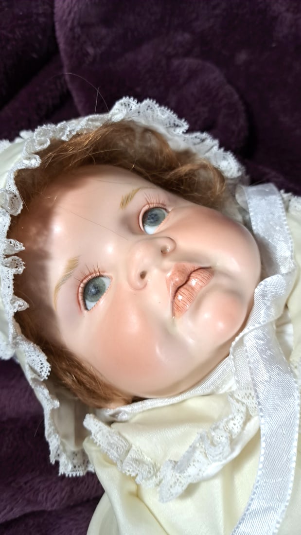 Wax Over Porcelain Baby Doll With Cream Lace Dress, Bonnet, Blue Eyes And Brown Hair - 2
