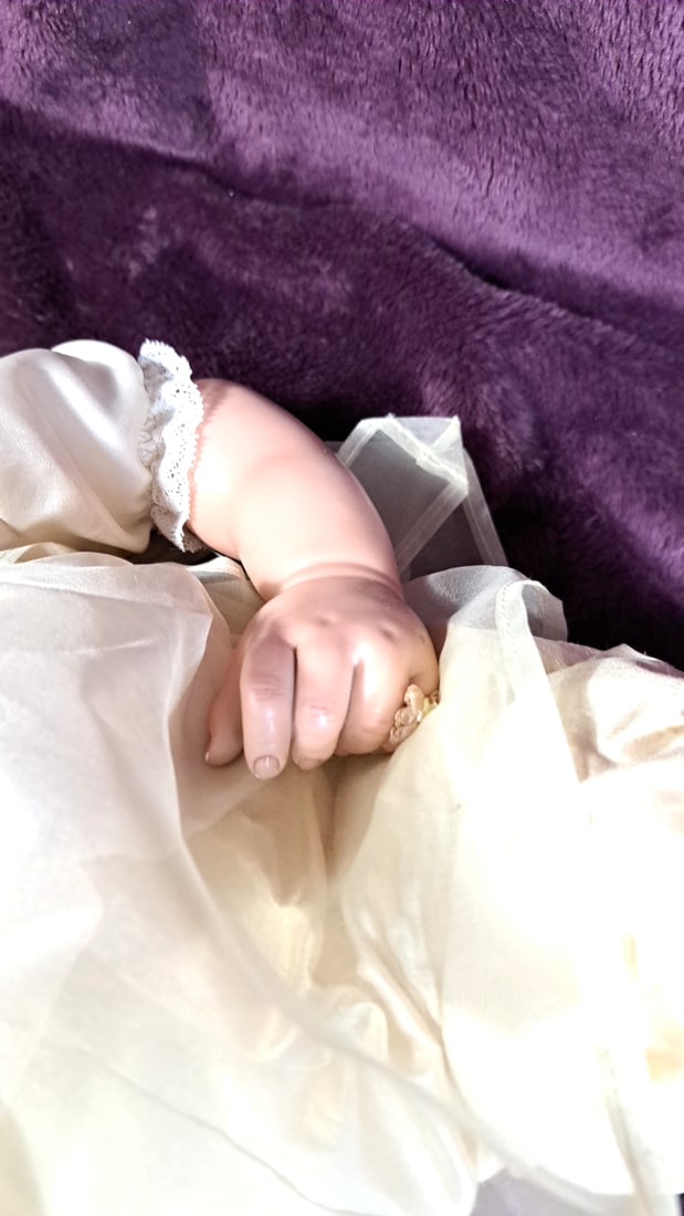 Wax Over Porcelain Baby Doll With Cream Lace Dress, Bonnet, Blue Eyes And Brown Hair - 3
